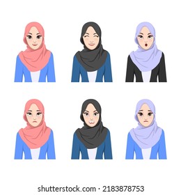 cute muslim girl avatar wearing hijab with different facial expressions set isolated vector illustration