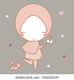 Cute Muslim Girl Cartoon happy with bird on hand.Vector Illustration