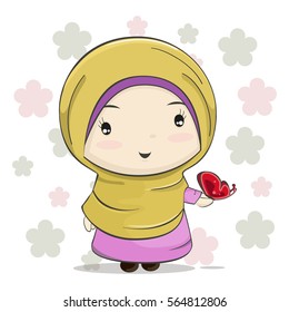 A Cute Muslim Girl Cartoon With Red Butterfly On Her Hand.Vector Illustration