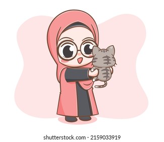 Cute a muslim girl and a cat cartoon illustration