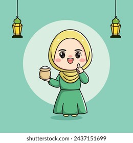 cute Muslim girl character carrying zakat or rice