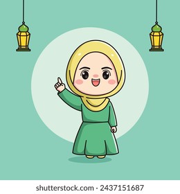 Cute Muslim girl character with index finger up