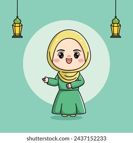 Cute Muslim girl character with welcoming hand