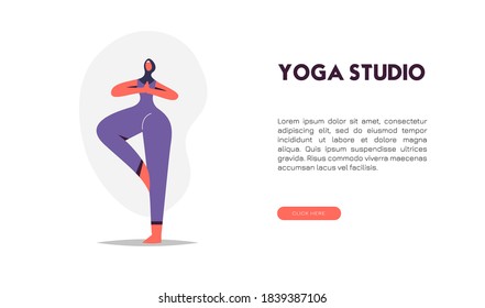 Cute Muslim Girl doing yoga. Exercises for stress, relief and relaxation. Flat vector banner illustration.