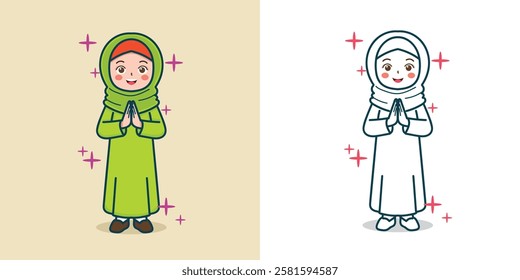 A cute Muslim girl giving a greeting gesture for Ramadan design element or coloring book element