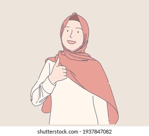 Cute Muslim Girl Giving Likes Hand Drawn Illustration, Happy Young Muslim Woman Smiling And Give Thumbs Up Vector, Can Use For, Landing Page, Template, Ui, Web, Homepage, Poster, Banner, Flyer