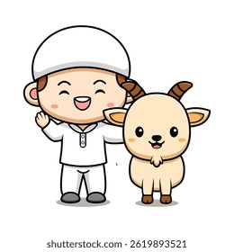 Cute Muslim Girl with Goat Eid Al Adha Celebration Character Icon Illustration Suitable for Web Landing Page, Banner, Sticker, Card