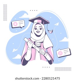 cute muslim girl graduation character