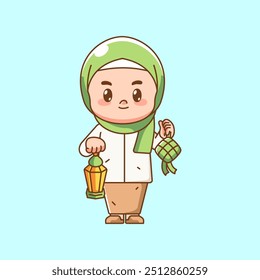 Cute muslim girl hold lantern and ketupat kawaii chibi character mascot illustration outline style design set