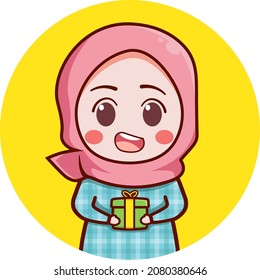 Cute muslim girl holding a gift illustration