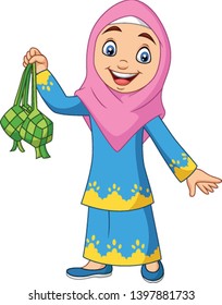 Cute muslim girl holding a ketupat