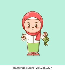 Cute muslim girl holding ketupat kawaii chibi character mascot illustration outline style set