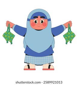 Cute Muslim Girl Holding Ketupat Cartoon Character Illustration