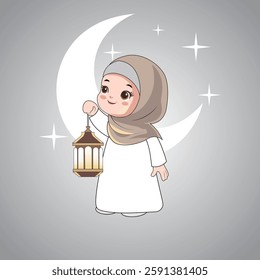 A cute Muslim girl holding a Ramadan lantern with a crescent moon and stars, perfect for festive and Islamic-themed designs.