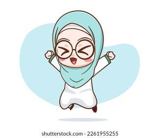 Cute muslim girl jumping happily cartoon character