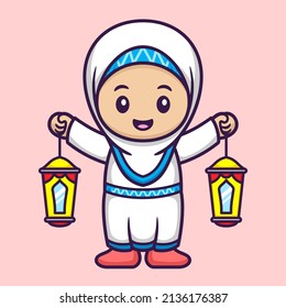 Cute Muslim Girl with Lantern in Cartoon. Premium Vector Illustration. Flat Style Concept.