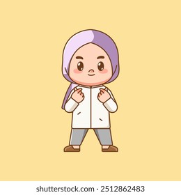 Cute muslim girl love gesture kawaii chibi character mascot illustration outline style design set