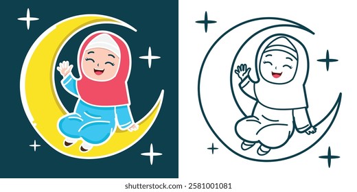 A cute Muslim girl on a crescent moon waving a hand for a design element or coloring book element