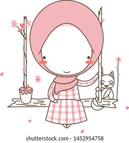Cute Muslim girl playing  swing at the ping park with little kitten, wearing pink hijab. Cartoon Vector  Illustration   