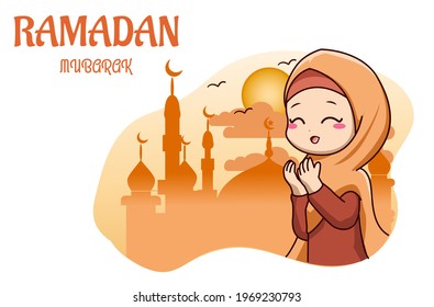 Cute muslim girl pray in mosque ramadan kareem cartoon illustration