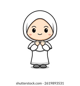 Cute Muslim Girl Praying Character Icon Illustration. Flat Cartoon Style Suitable for Web Landing Page, Banner, Sticker, Card