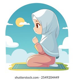 Cute Muslim girl praying on a prayer mat under a bright sky, illustrated in a kawaii cartoon style. Perfect for Islamic themes, children’s books, and educational content.
