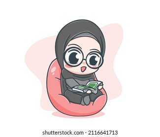 Cute muslim girl reading Quran in ramadan cartoon illustration