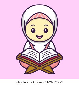 Cute Muslim Girl Reading the Quran in Cartoon. Ramadan Vector Illustration. Flat Style Concept.