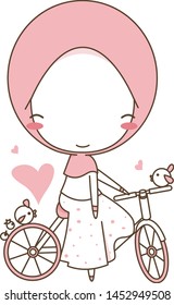 Cute Muslim girl rides a bicycle with little chicks, wear pink hijab. Cartoon Vector Illustration   