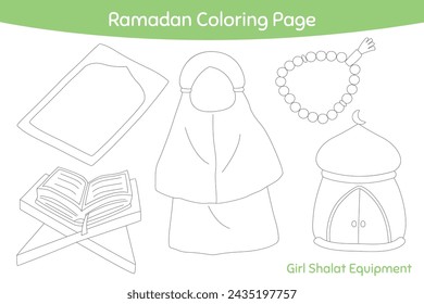 Cute muslim girl shalat equipment outline cartoon vector for kids coloring page. Printable Ramadan coloring page template cartoon vector.