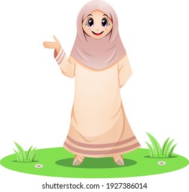 Cute Muslim girl standing and presenting