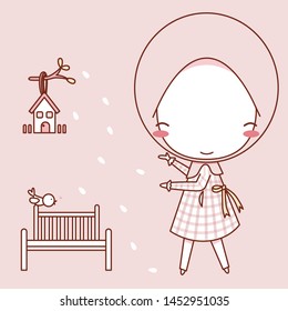 Cute Muslim girl standing, wearing pink hijab. Cartoon Vector Illustration   