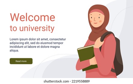 Cute muslim girl student with a backpack holding a book. Young arabic woman in hijab  studying at university. Template for website or social media banner. Vector flat illustration.