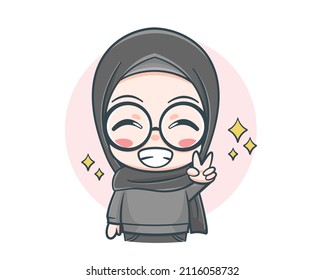 Cute Muslim Girl Wearing Sweater With Peace Sign Cartoon Illustration