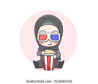 Cute muslim girl wearing sweater with popcorn cartoon illustration