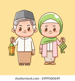 Netter muslimischer Opa und Großmutter halten Latern und Ketupat kawaii chibi Charakter Maskottchen Illustration Set