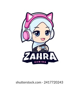 Cute muslim hijab anime gamer girl vector mascot logo