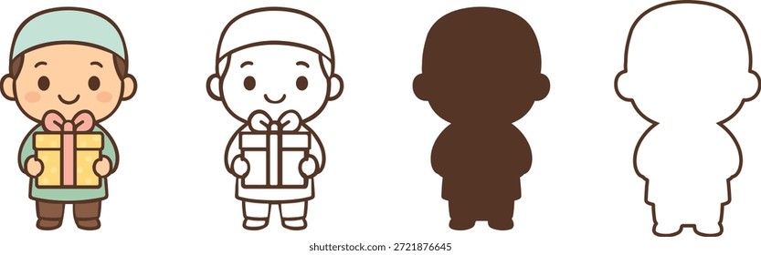 Niño musulmán lindo que sostiene el icono del carácter del Vector de la caja de regalo de Eid
