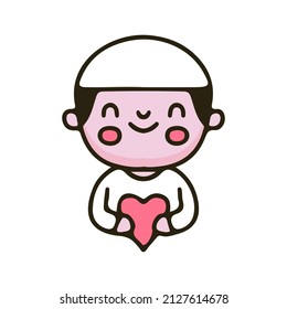 Cute Muslim kid holding love symbol cartoon. Illustration for Perfect Nursery children, kids, greeting.