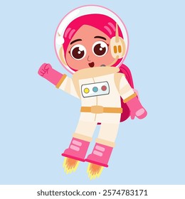 
Cute Muslim kid using rocket boots, soaring through space with a joyful expression. Great for kids' content and education