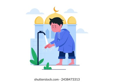 Cute Muslim Kids Boy Performing Ablution vector illustration