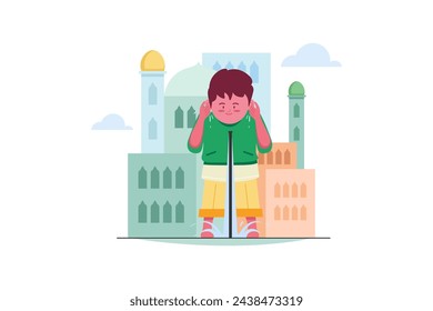 Cute Muslim Kids Boy Performing Ablution vector illustration