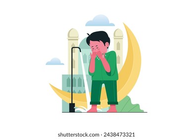 Cute Muslim Kids Boy Performing Ablution vector illustration