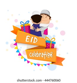 Cute Muslim Kids hugging and wishing to each other on occasion of Eid celebration, Beautiful Greeting Card design with happy islamic boys, for Muslim Community Holy Festival celebration.