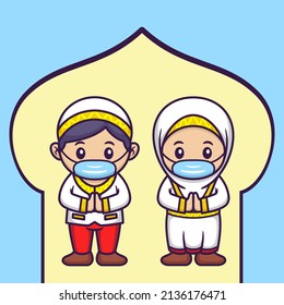 Cute Muslim Kids with Mask in Cartoon Background. Ramadan Vector Illustration. Flat Style Concept.