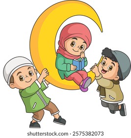 cute Muslim kids on crescent moon at Ramadan month of illustration