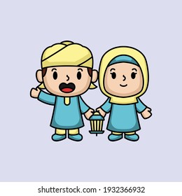 Cute Muslim kids Ramadan Kareem theme mascot illustration