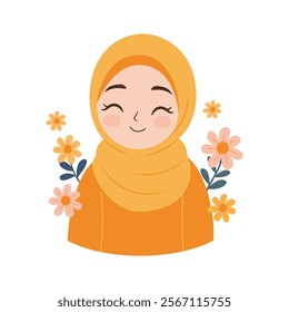 Cute Muslim Little Girl Cartoon Character Smiling Wearing Hijab with Flower Floral Decoration