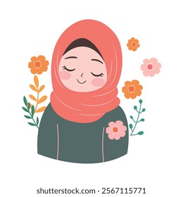Cute Muslim Little Girl Cartoon Character Smiling Wearing Hijab with Flower Floral Decoration