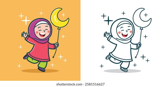 A cute Muslim little girl jumping with a crescent moon-shaped balloon for a design element or coloring book element